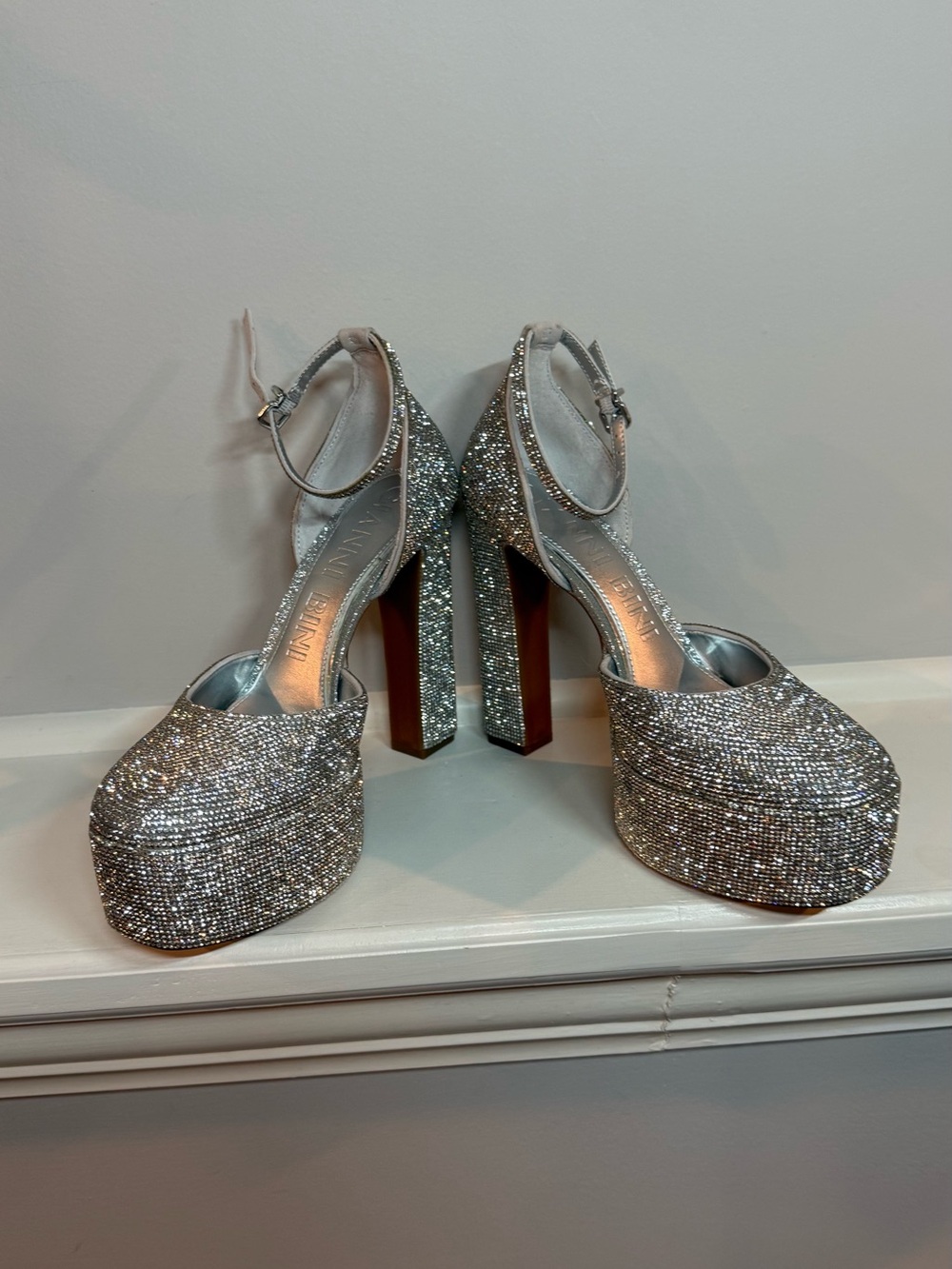 Gianni Bini Silver Glitter Platform Ankle-Strap Heels